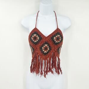 Lakhays Womens Boho Hippie Beach Summer Fringe Crochet Halter Crop Top One Size